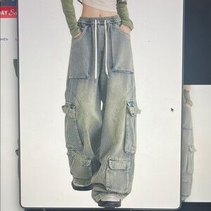 Drawstring Wide Leg Cargo Jeans